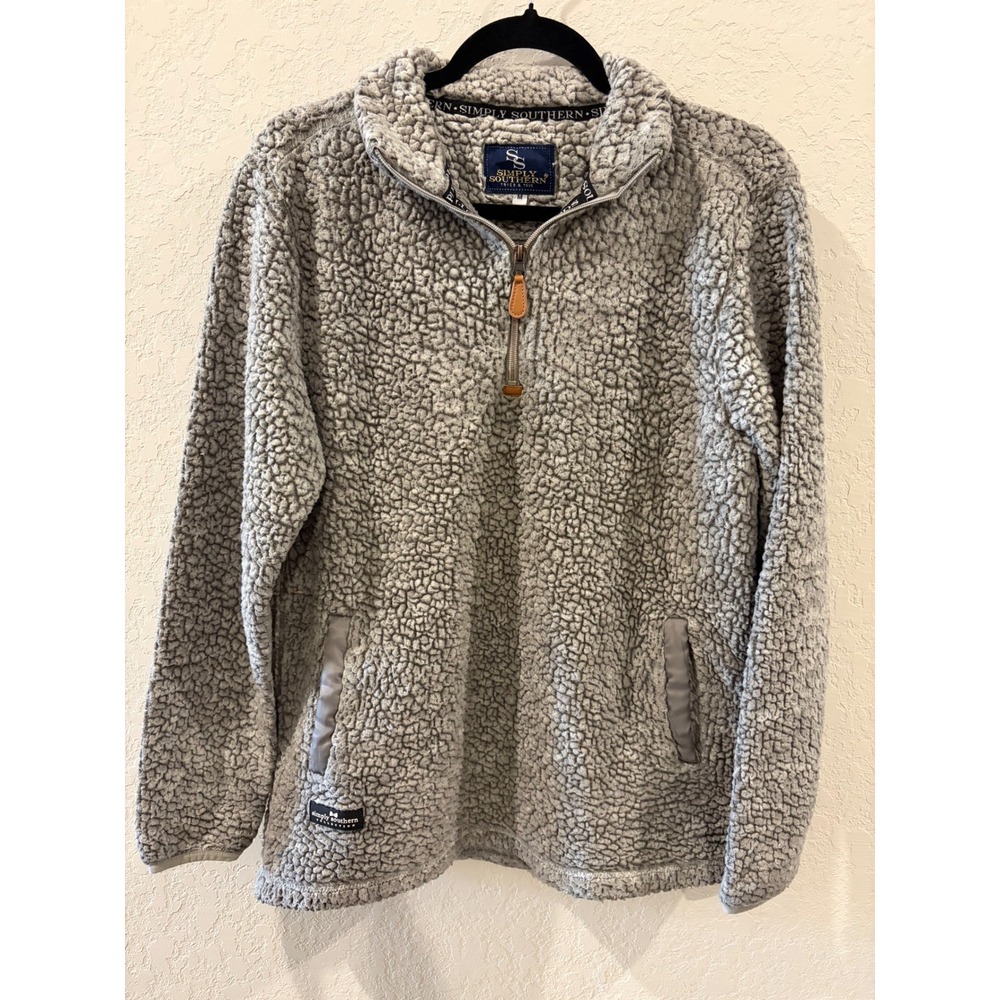 Simply Southern Grey Sherpa Fleece Quarter Zip Pullover Sweater Mens Medium